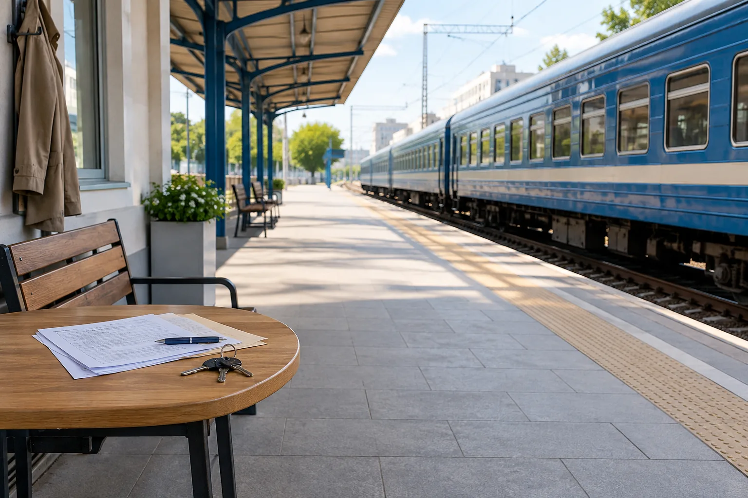 На столі біля залізничної платформи лежать документи та ключі