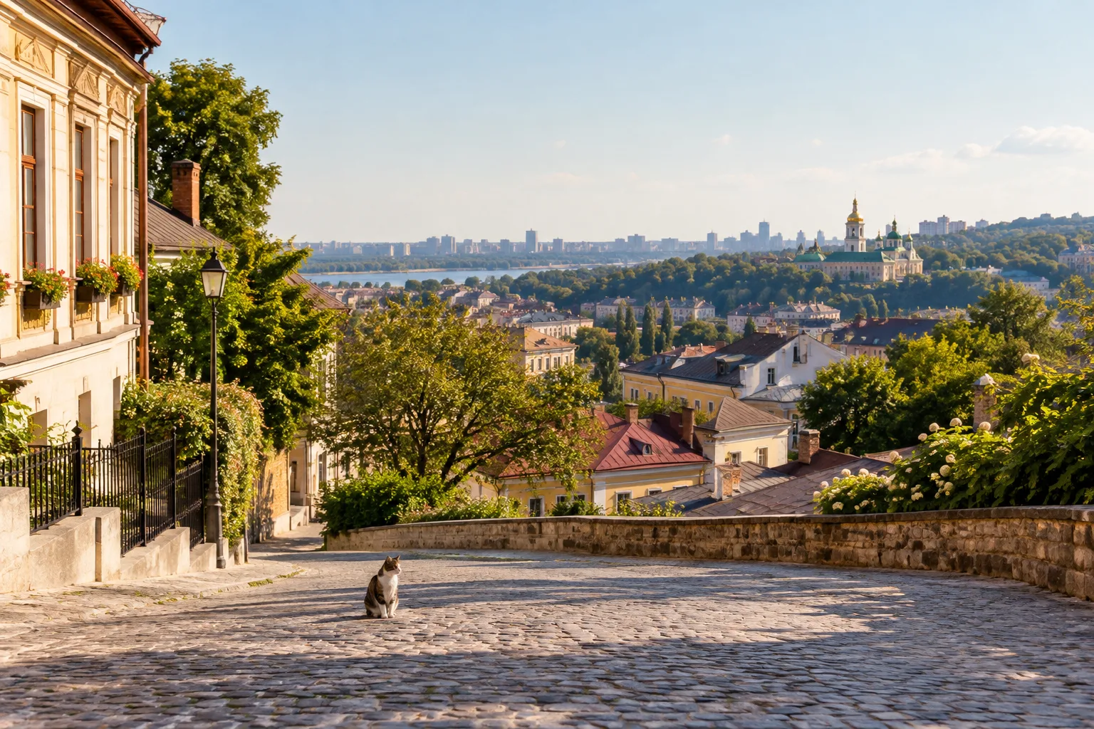 Панорама старого города с крышами домов, зелёными деревьями и котом на мощёной улице