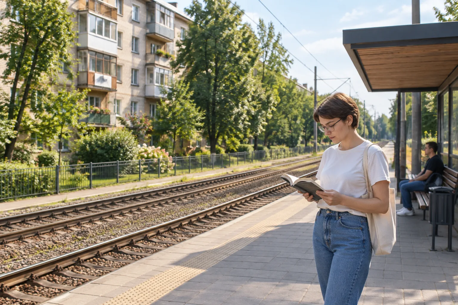 Жінка читає книжку на трамвайній зупинці біля житлового будинку