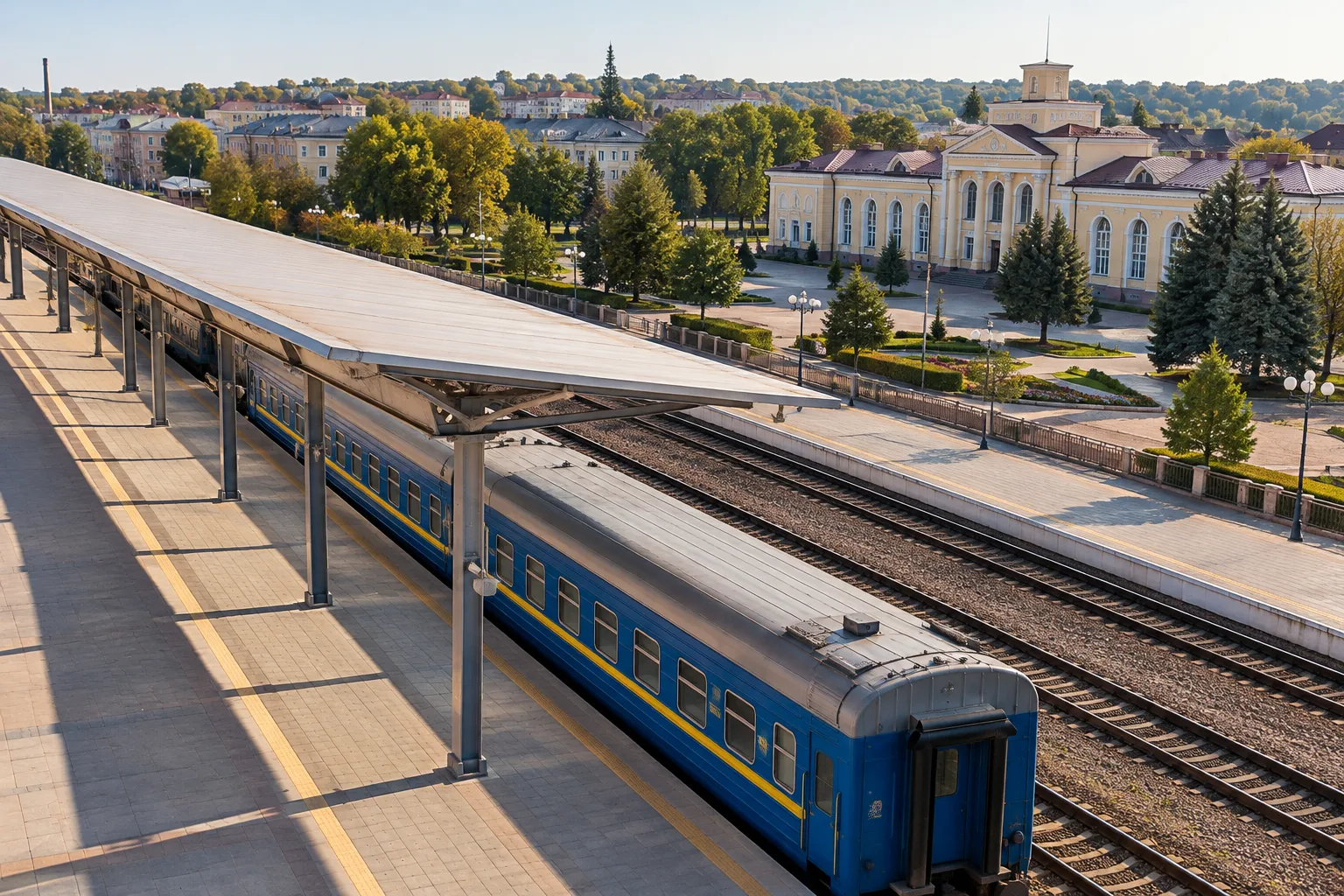 Синій пасажирський поїзд на пероні біля будівлі залізничного вокзалу