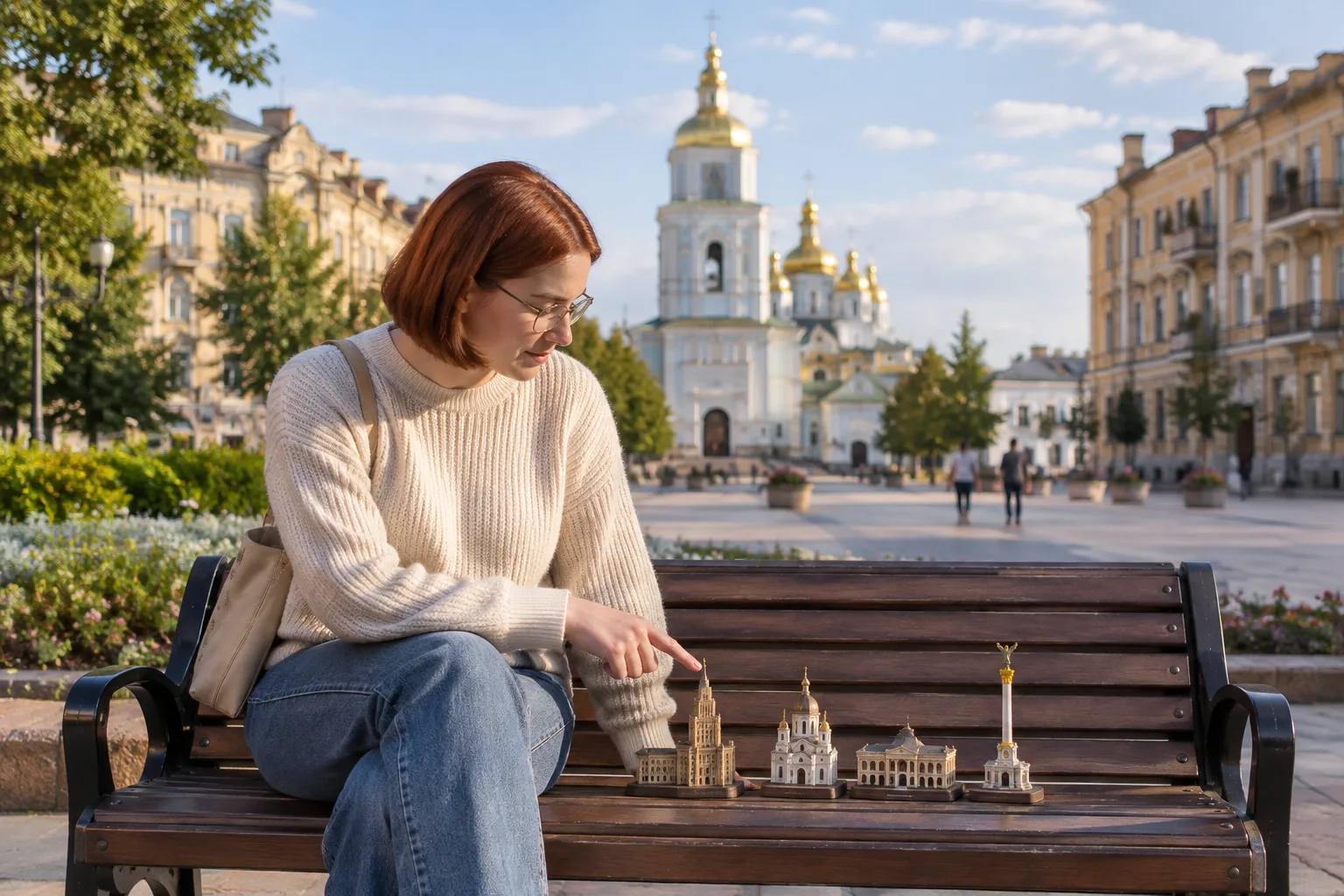 Жінка на лавці розглядає мініатюрні будівлі на тлі площі з дзвіницею
