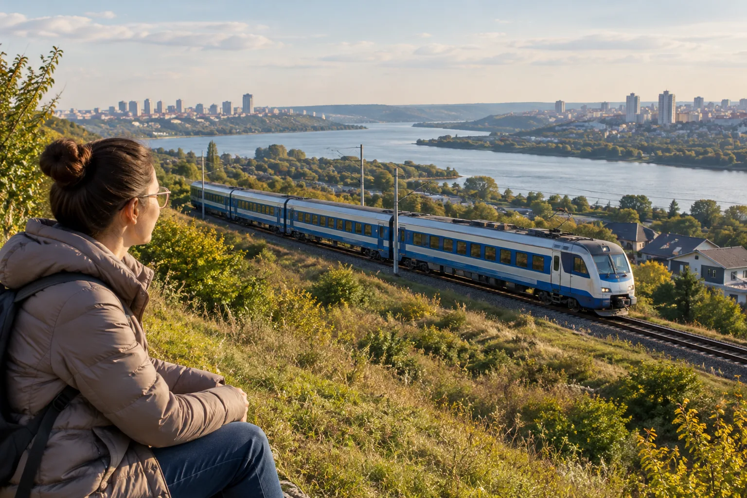 Жінка спостерігає за поїздом, що їде вздовж річки неподалік міста
